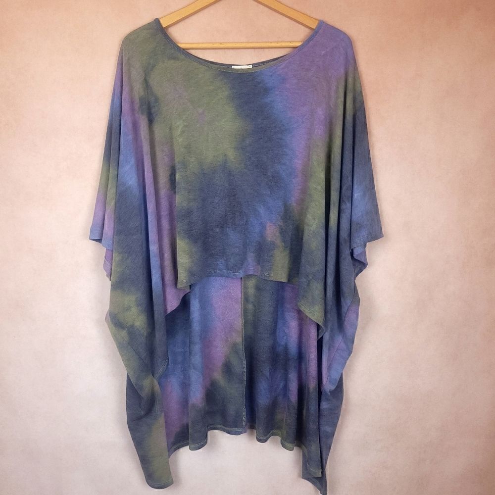 Blue Buttercup Hi Low Ponco with Arm Holes Purple Green Blue Tie Dye